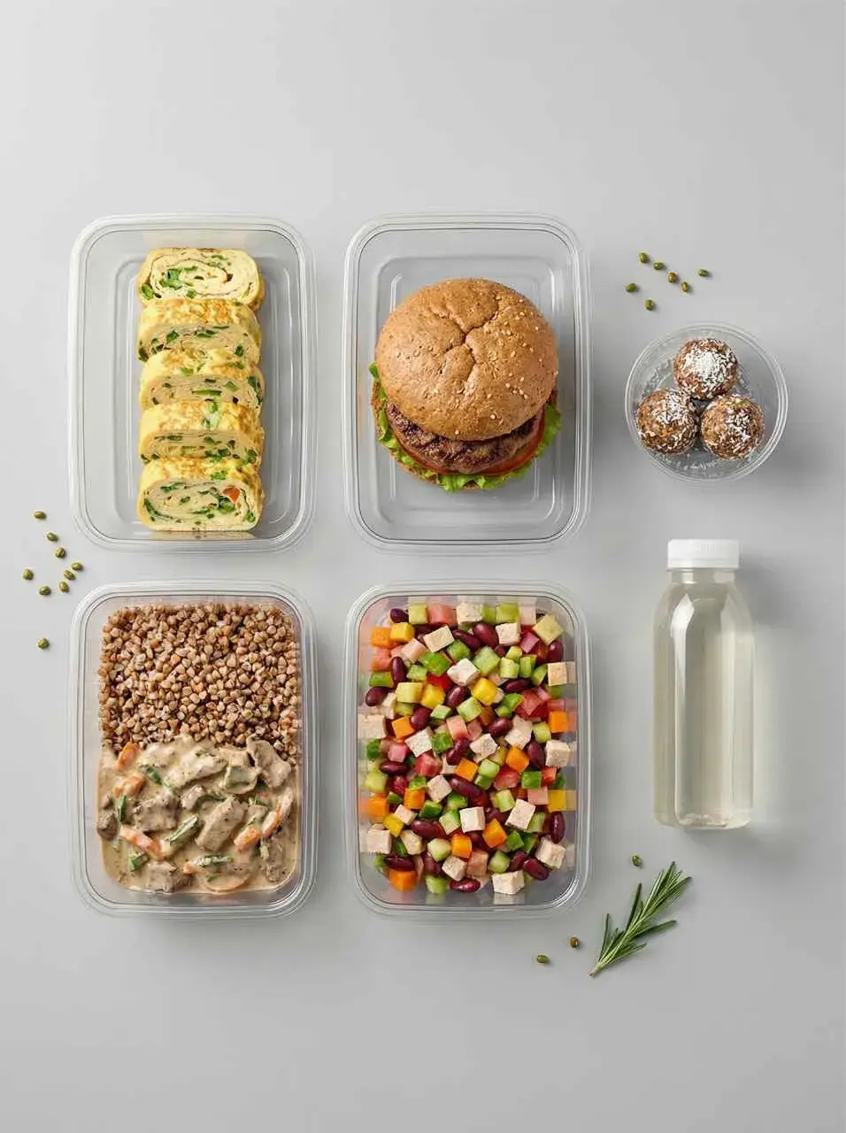 Раціон «Баланс» від Perfect Meals: омлет-рулет, бургер, гречка з грибним соусом і салат із тофу