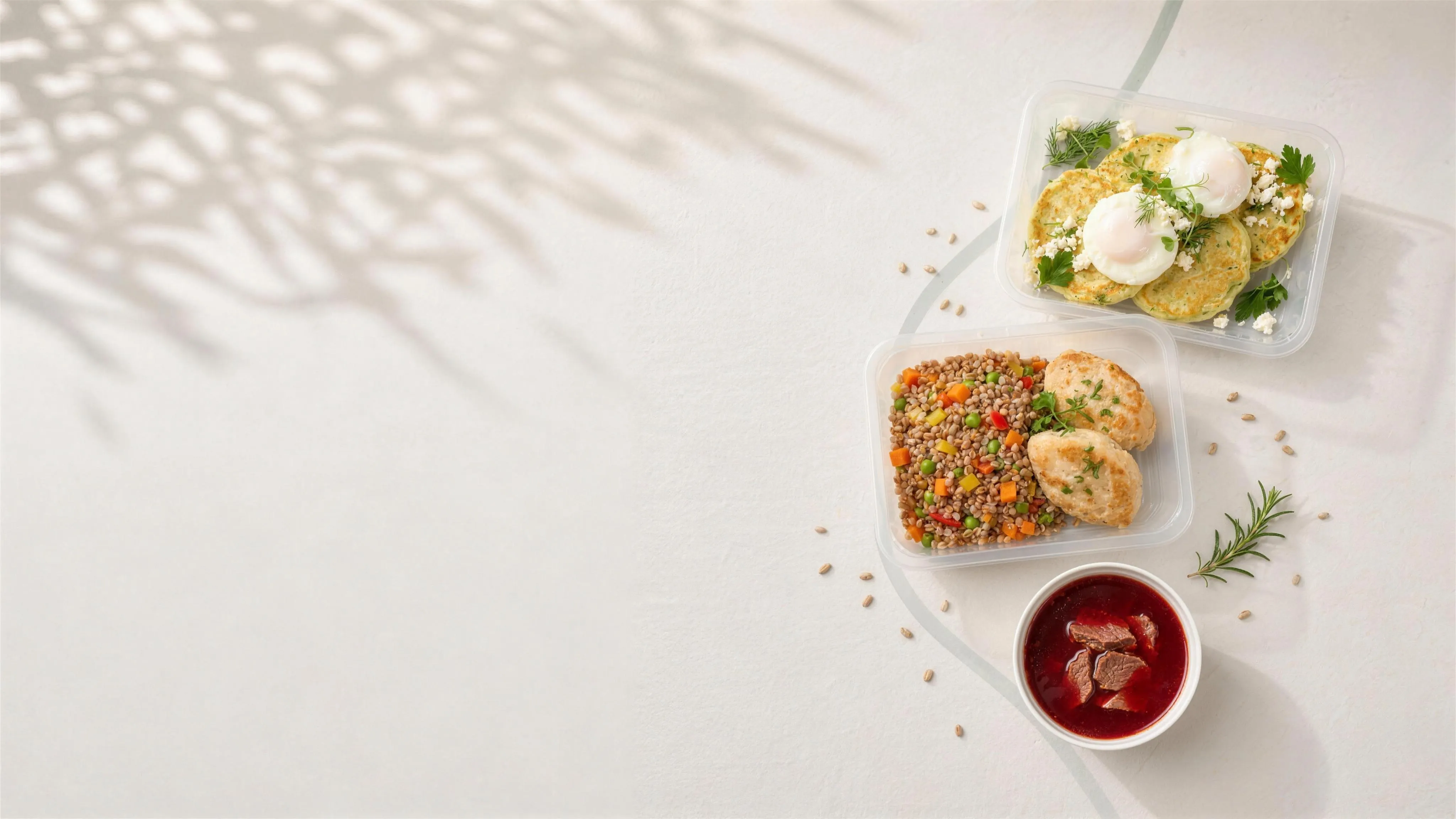 Страви з меню Perfect Meals: яйця пашот із сиром фета, гречка з овочами та борщ